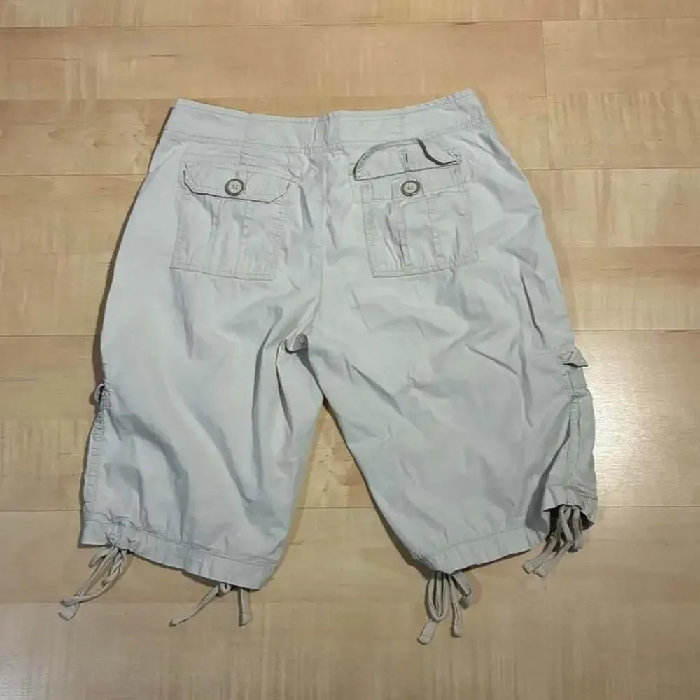 Vintage Y2K Drawstring Cargo Shorts Size 30 Cream Longline Utility